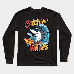 Funny Shark Catching Waves Long Sleeve T-Shirt